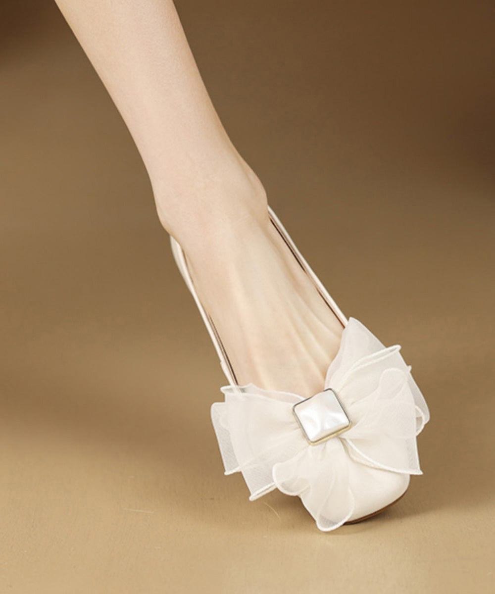 French Sheepskin Splicing Flats Bow Beige