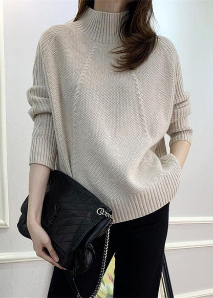 Beige Solid Cozy Knit Fall Sweaters Turtleneck QI024