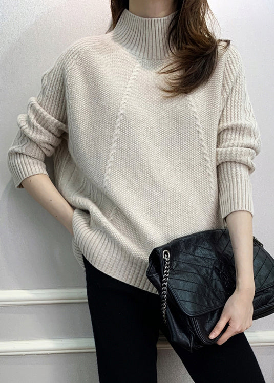 Beige Solid Cozy Knit Fall Sweaters Turtleneck QI024