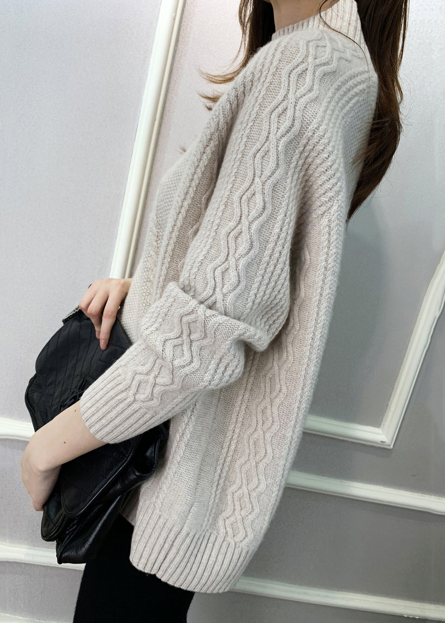 Beige Solid Cozy Knit Fall Sweaters Turtleneck QI024