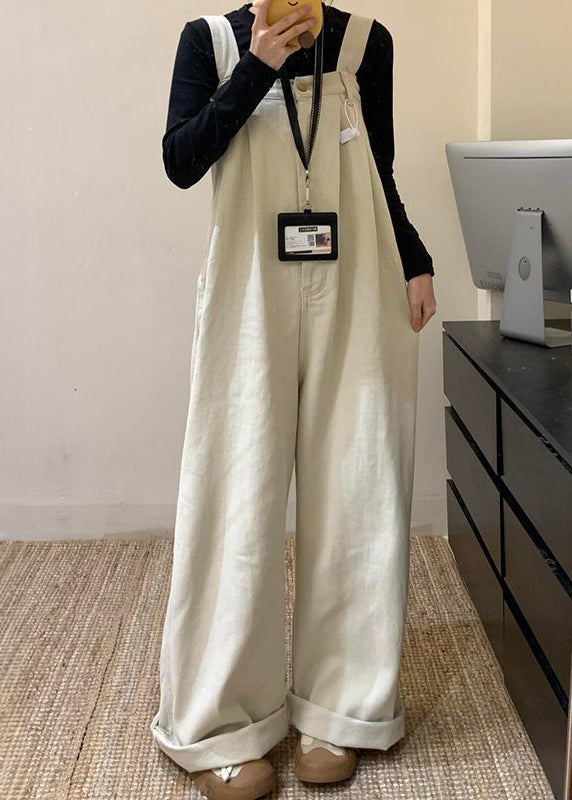 Summer Wide Beige Denim Waist High Leg Jumpsuit Solid