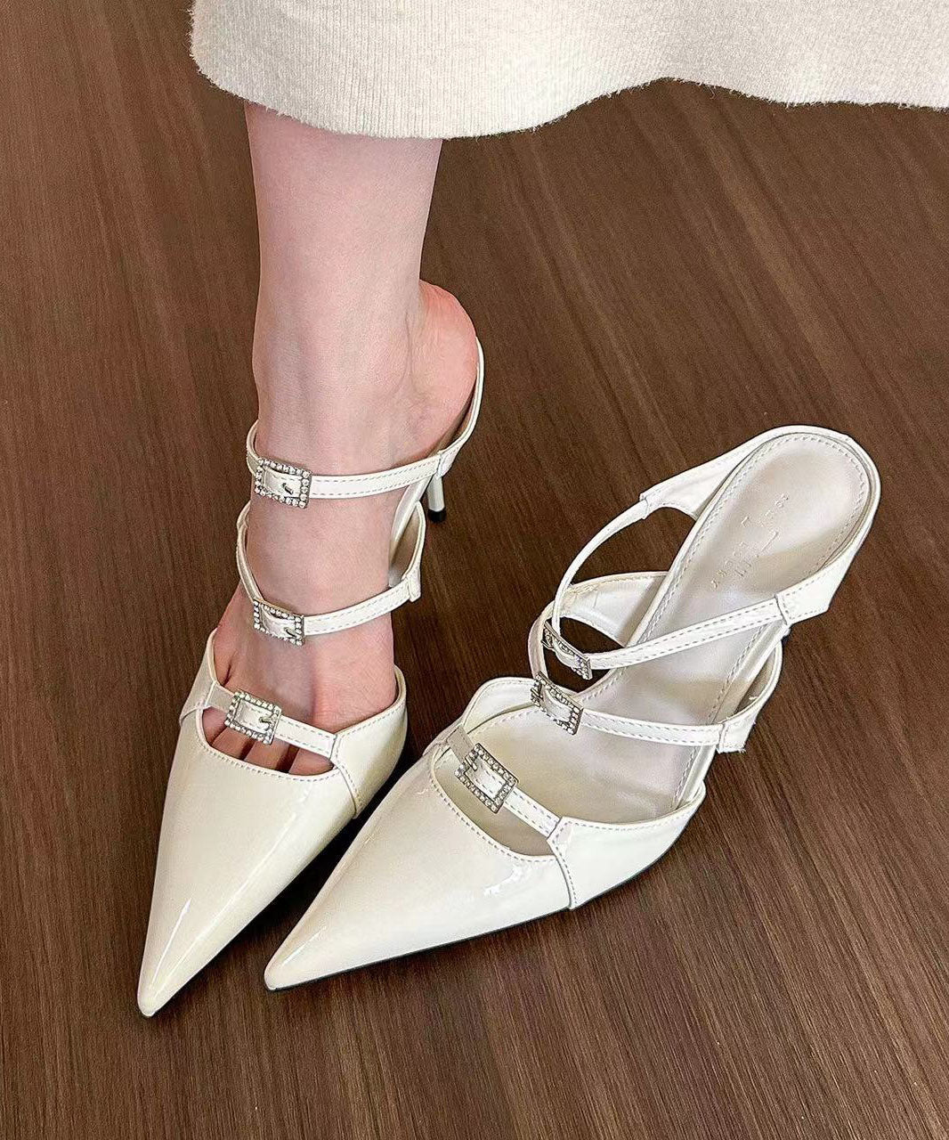 Beige Stiletto Heels Splicing Slide Sandals Hollow Out Pointed Toe JJ040