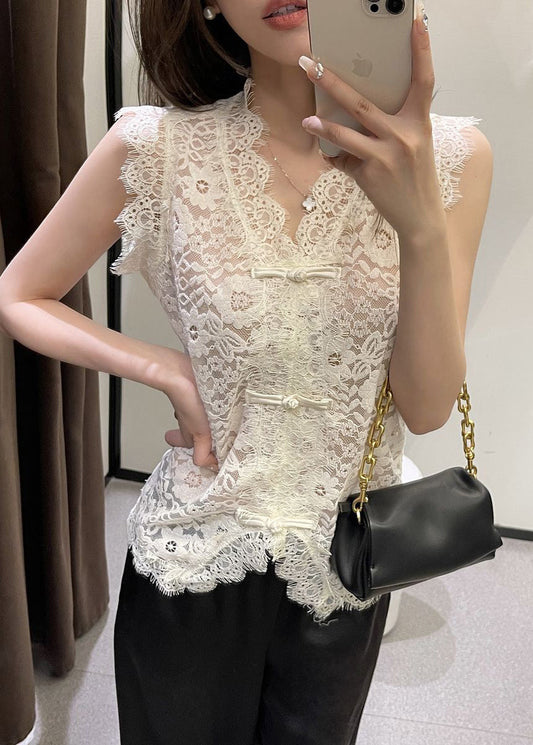 Gilet beige à col en V et boutons en dentelle pour l'été VB1069