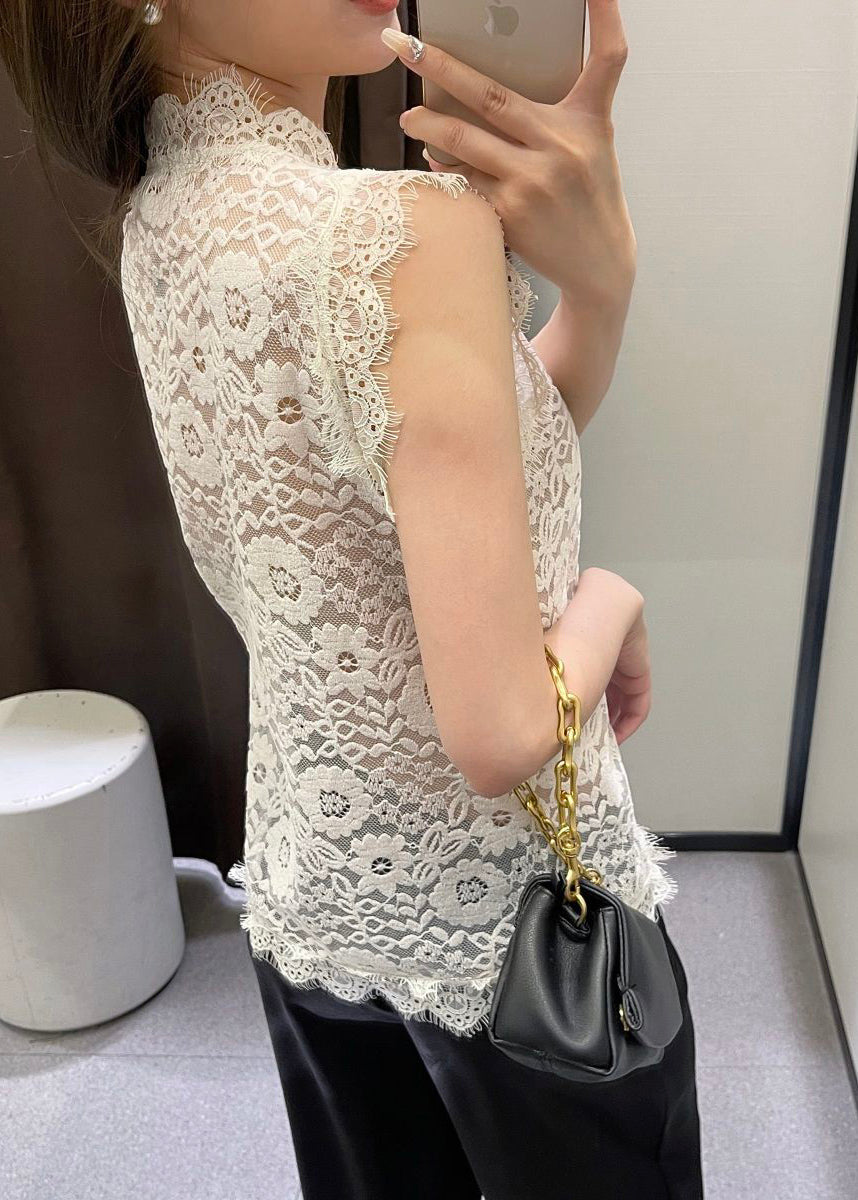 Gilet beige à col en V et boutons en dentelle pour l'été VB1069