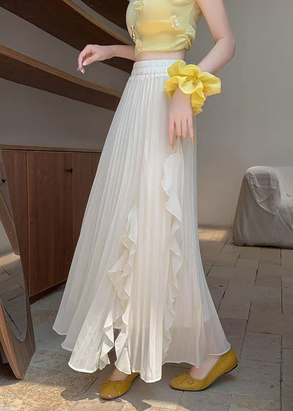 Solid Skirts Summer Elastic Waist Wrinkled Beige