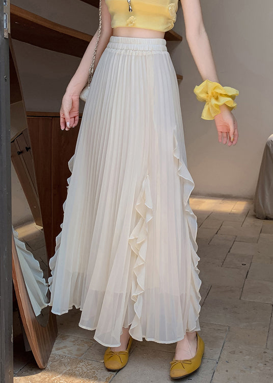 Solid Skirts Summer Elastic Waist Wrinkled Beige