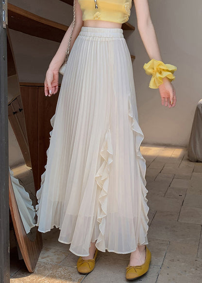 Solid Skirts Summer Elastic Waist Wrinkled Beige