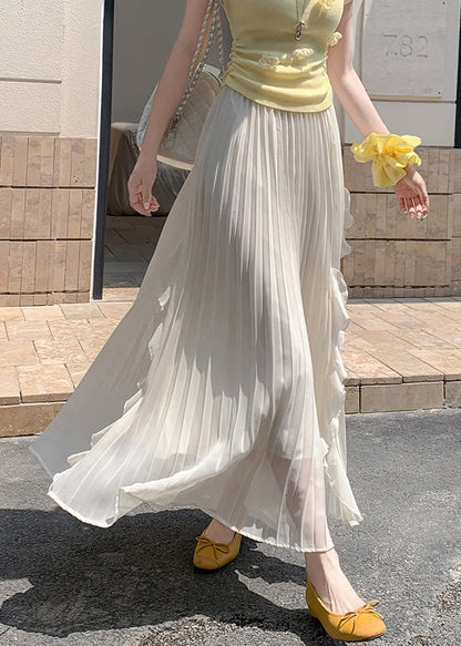 Solid Skirts Summer Elastic Waist Wrinkled Beige