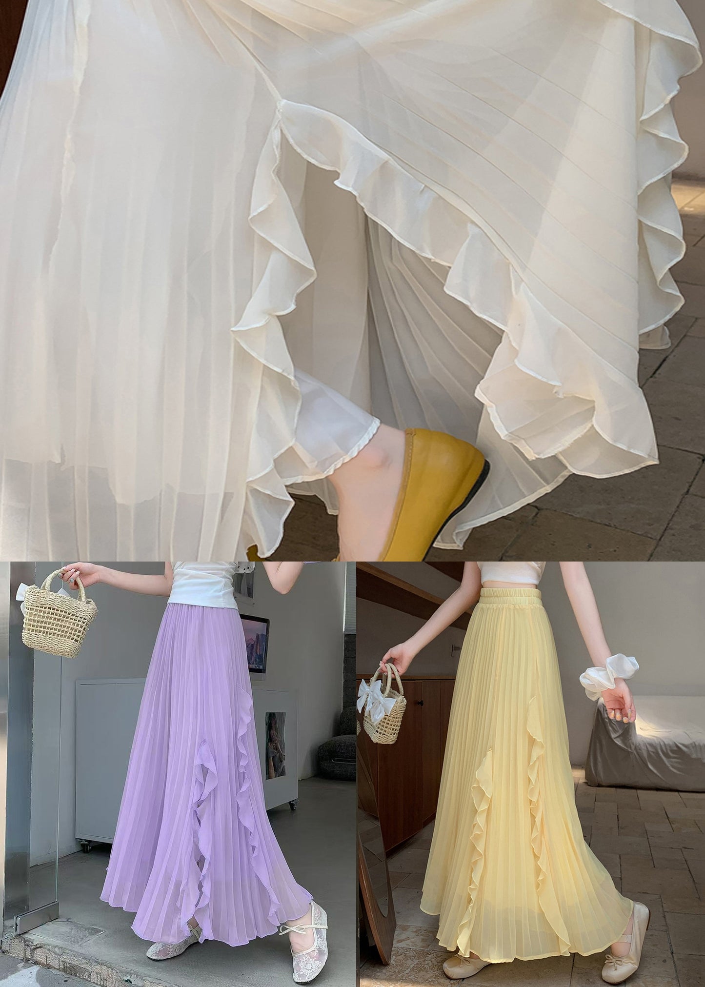 Solid Skirts Summer Elastic Waist Wrinkled Beige