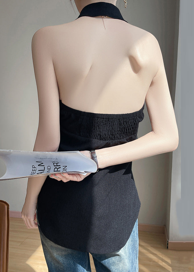 Black Ruffled Cotton Button Summer Backless Blouses