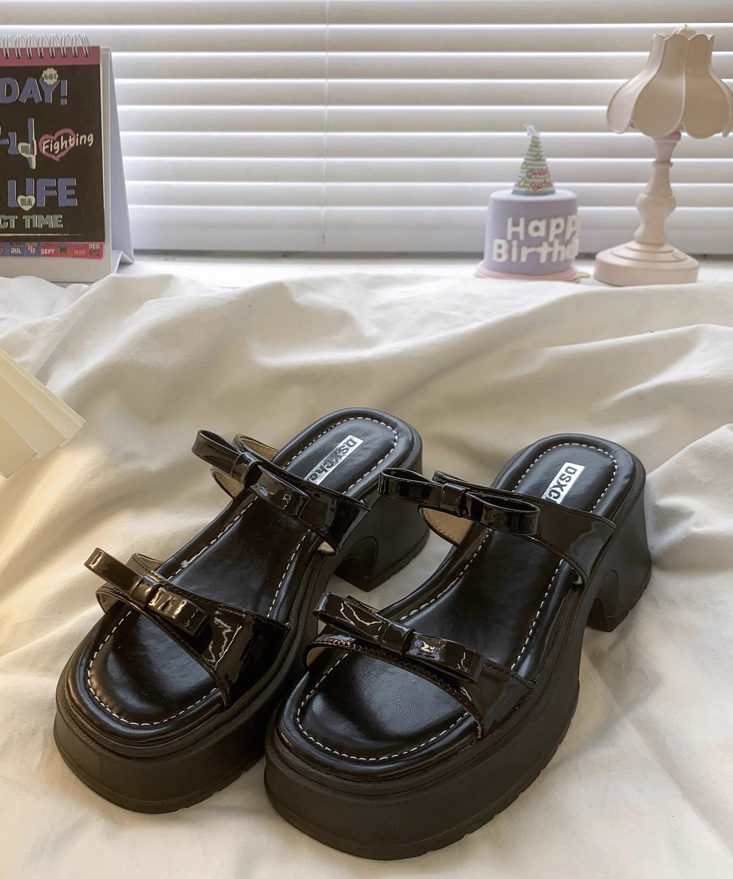 Slide Leather Black Stylish Sandals Faux Bow Chunky Splicing