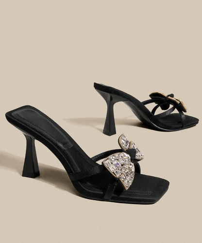 High Splicing Sandals Heel Bow Zircon Black Slide
