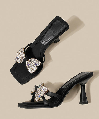 High Splicing Sandals Heel Bow Zircon Black Slide