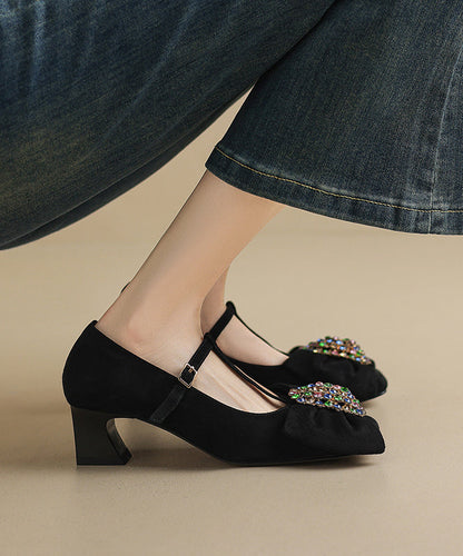 Suede Strap Zircon Buckle High Chunky Black Bow Heels Splicing