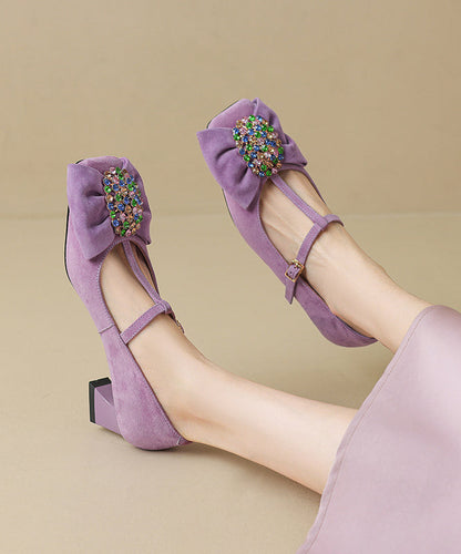 Suede Strap Zircon Buckle High Chunky Black Bow Heels Splicing