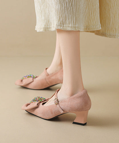 Suede Strap Zircon Buckle High Chunky Black Bow Heels Splicing