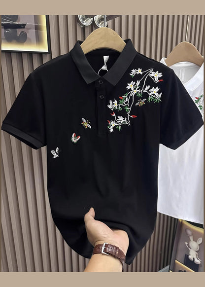 Black Polo Embroideried Summer Shirts Mens Cotton Button