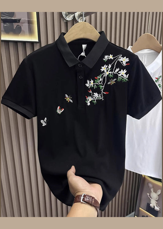 Black Polo Embroideried Summer Shirts Mens Cotton Button
