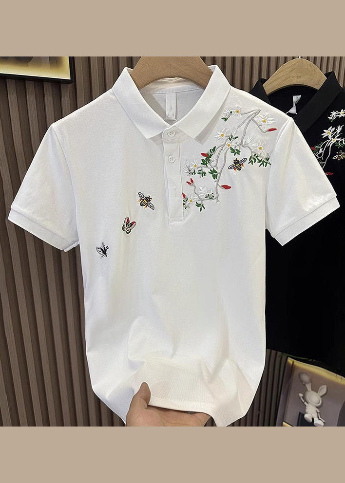 Black Polo Embroideried Summer Shirts Mens Cotton Button