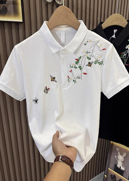 Black Polo Embroideried Summer Shirts Mens Cotton Button