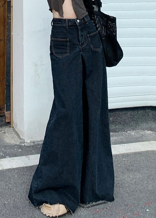 Black Button Denim Wide Leg Pants High Waist PP027