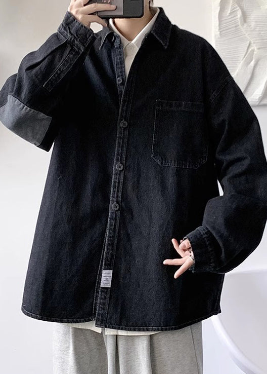 Button Pan Spring Shirts Collar Loose Men Denim Peter Black