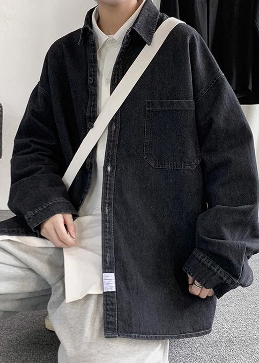 Button Pan Spring Shirts Collar Loose Men Denim Peter Black