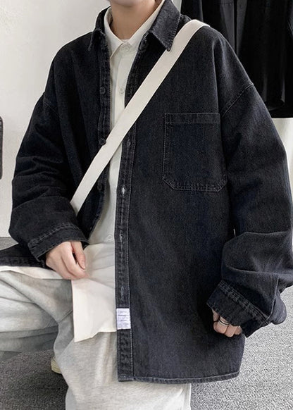 Button Pan Spring Shirts Collar Loose Men Denim Peter Black