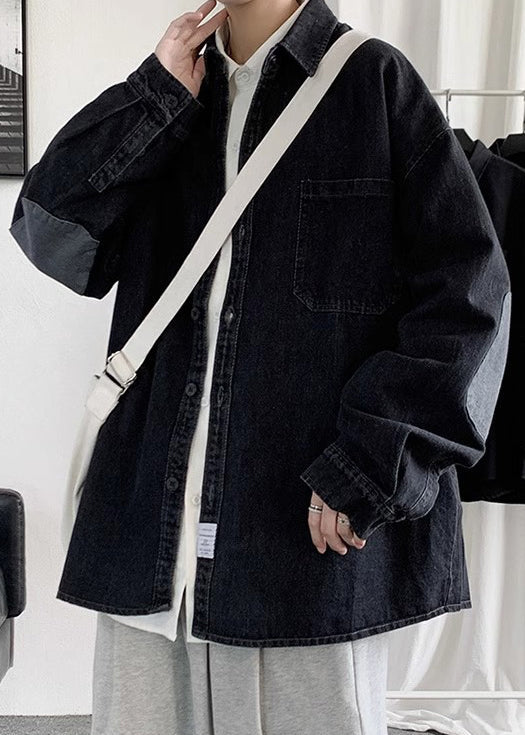 Button Pan Spring Shirts Collar Loose Men Denim Peter Black