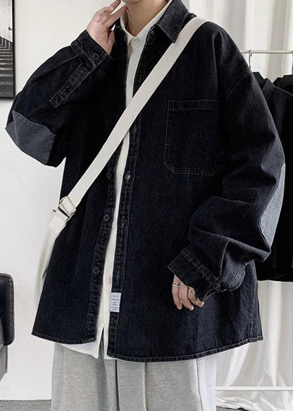 Button Pan Spring Shirts Collar Loose Men Denim Peter Black