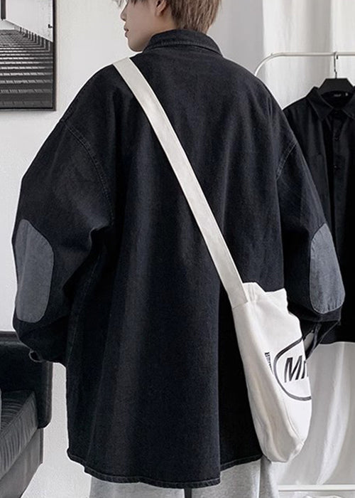 Button Pan Spring Shirts Collar Loose Men Denim Peter Black