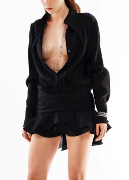 Black Pan Spring Chiffon Button Mini Solid Peter Dresses Collar