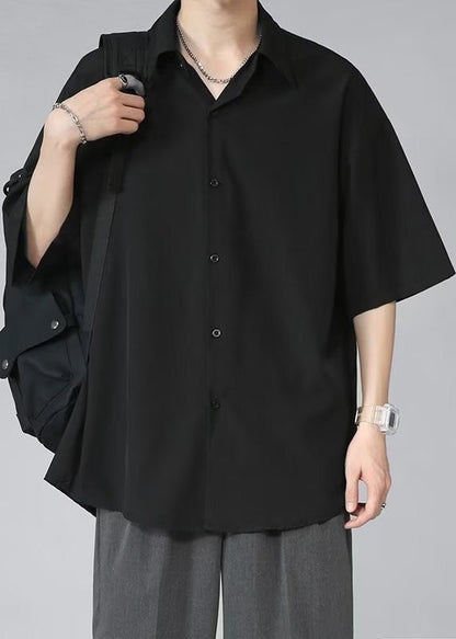 Black Half Silk Pan Ice Shirt Mens Collar Solid Peter Button