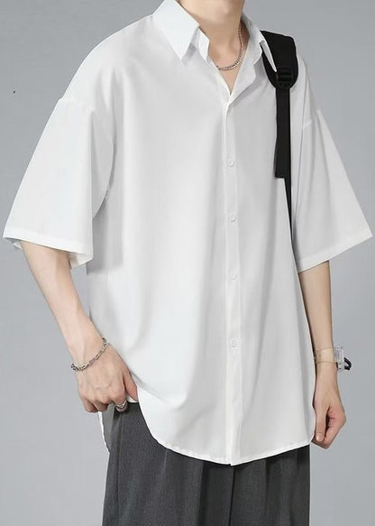 Black Half Silk Pan Ice Shirt Mens Collar Solid Peter Button