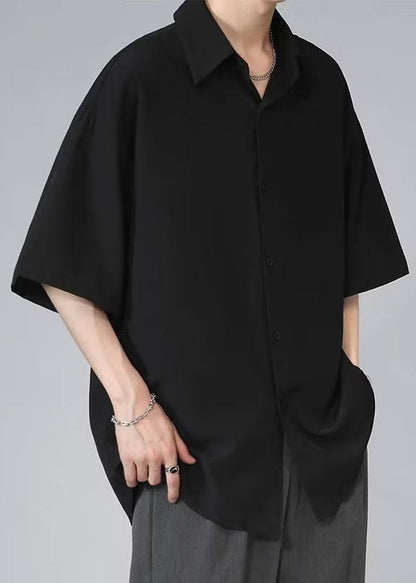 Black Half Silk Pan Ice Shirt Mens Collar Solid Peter Button