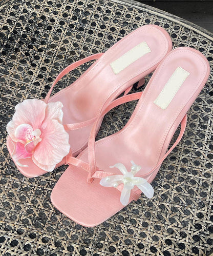 Leather Splicing Black Stylish Slide Sandals Faux Floral Chunky