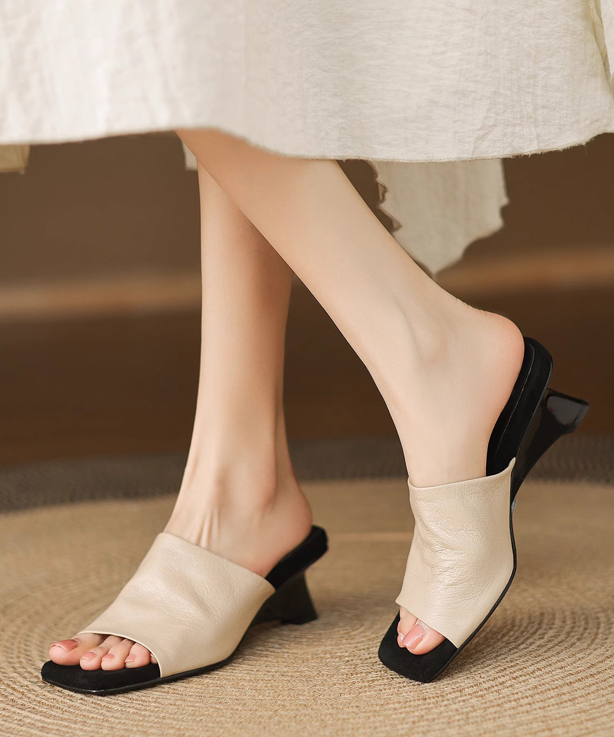 Sandals Black Sheepskin Beautiful Toe Slide Peep Chunky