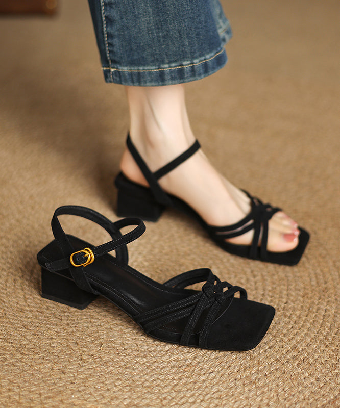 Toe Black Peep Chic Chunky Splicing Suede Sandals