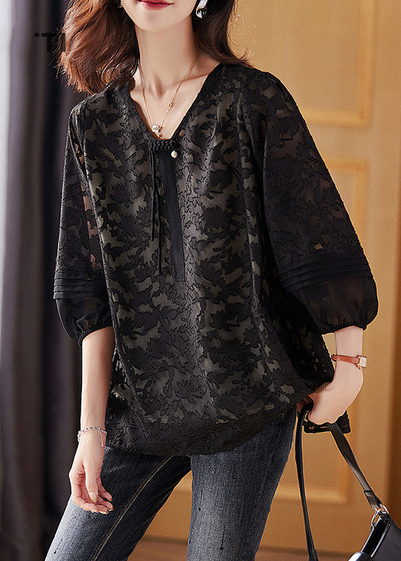 Black Cinched Tassel Chiffon Shirt Fall WW044