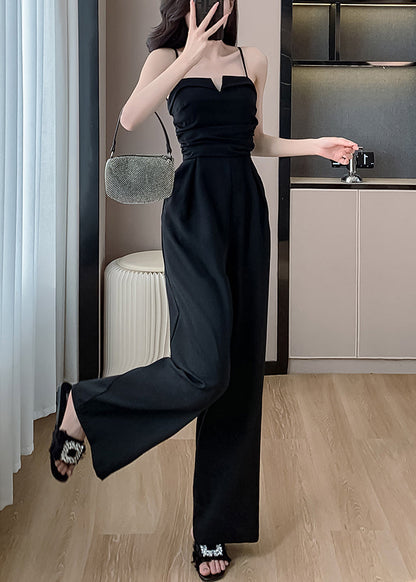 Shoulder Jumpsuits Pockets Cold Black Silk Solid Sleeveless