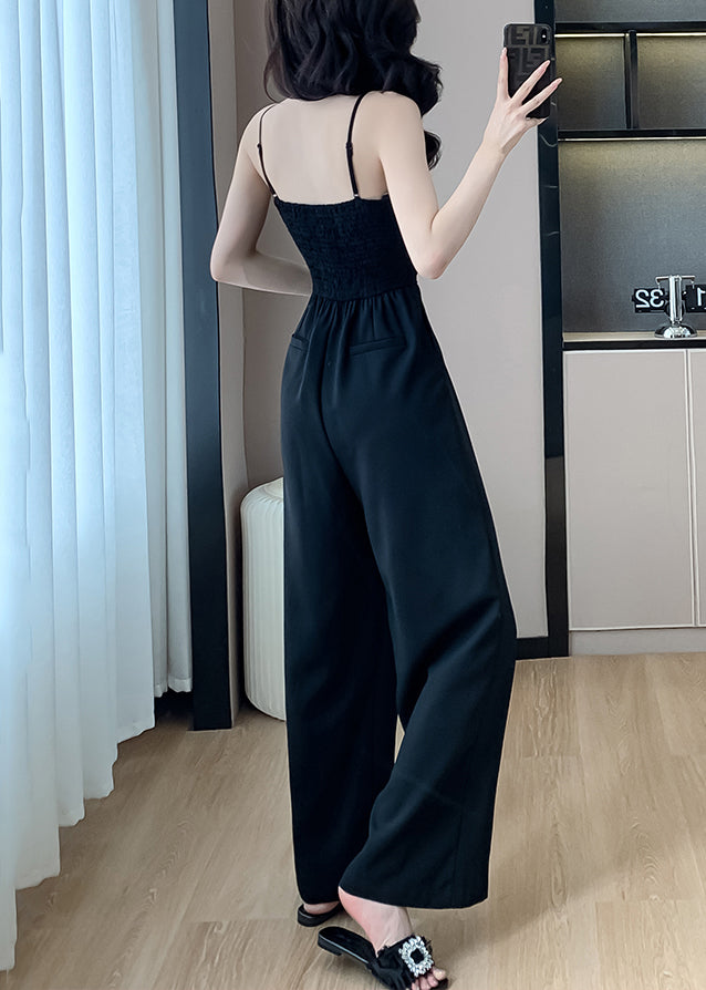 Shoulder Jumpsuits Pockets Cold Black Silk Solid Sleeveless