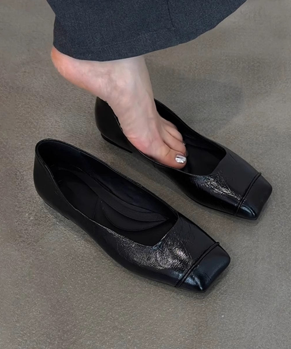 Sheepskin Flat Comfortable Black Splicing Shoes Feet Toe Square