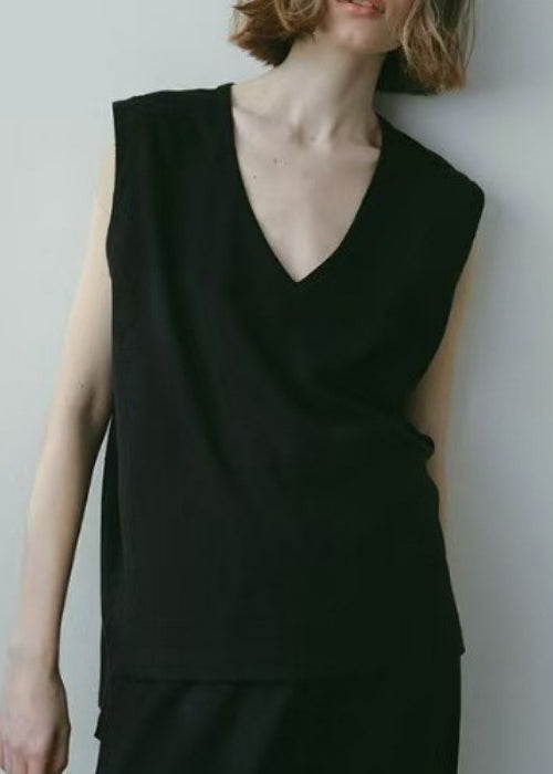 Sleeveless Cotton Tops V Neck Black Tank