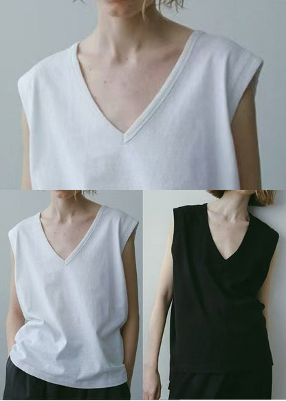 Sleeveless Cotton Tops V Neck Black Tank