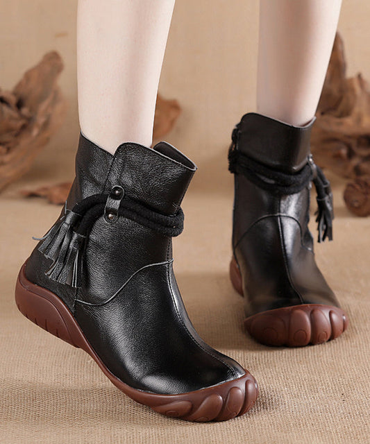 Cowhide Black Retro Comfortable Leather Boots Tassel Splicing