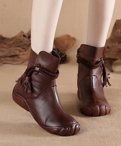 Splicing Leather Cowhide Tassel Black Boots Retro Comfortable