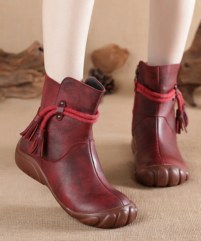 Splicing Leather Cowhide Tassel Black Boots Retro Comfortable