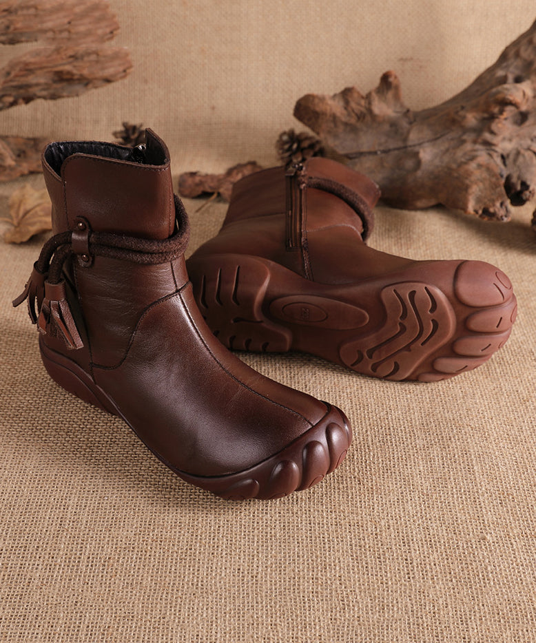 Cowhide Black Retro Comfortable Leather Boots Tassel Splicing