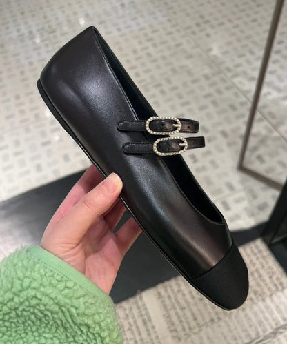 Feet Cowhide Black Leather Shoes Flat Strap Splicing Buckle