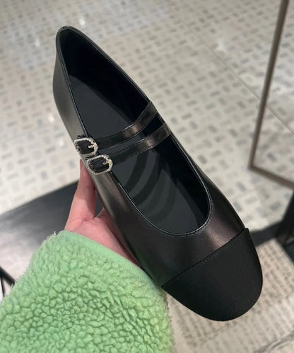 Feet Cowhide Black Leather Shoes Flat Strap Splicing Buckle